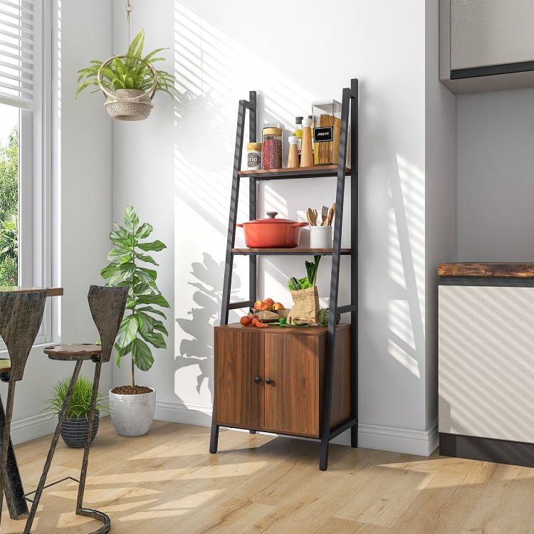 4-tier ladder shelf with rustic brown cabinet and metal frame, ideal for kitchen or living room storage and display.