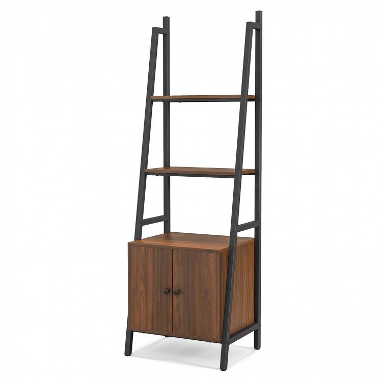 4-tier ladder shelf in rustic brown with metal frame and cabinet, perfect for living room or study storage.