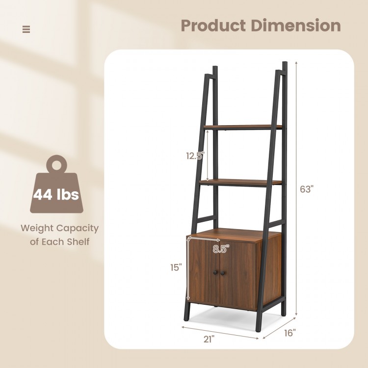 4-tier ladder shelf with rustic brown finish and metal frame, featuring a cabinet for versatile storage and display.