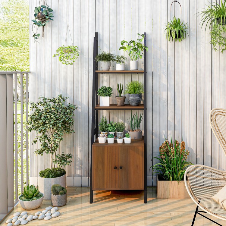4-tier ladder shelf in rustic brown with metal frame, featuring a cabinet, perfect for balcony plant display.