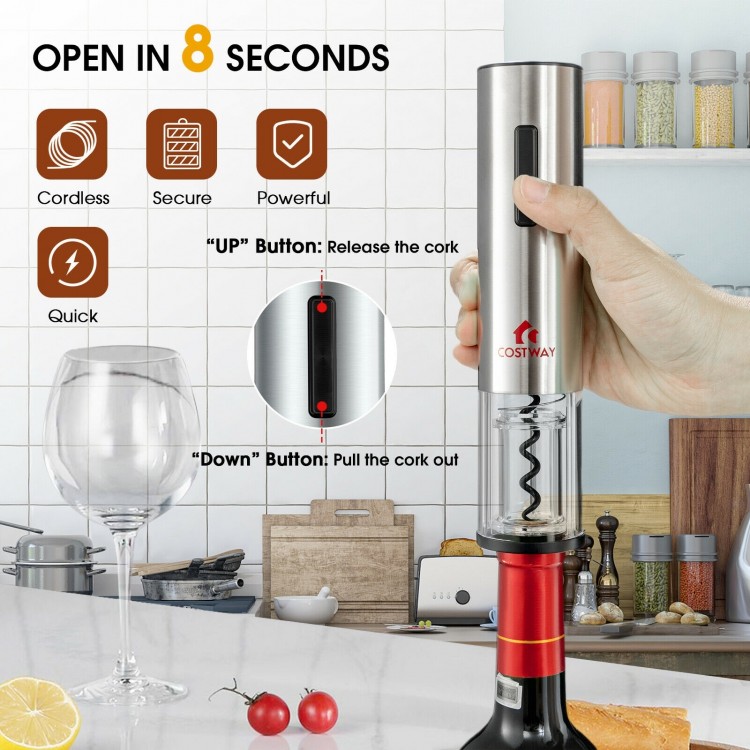 Electric wine bottle opener set with foil cutter, stainless steel design, for quick and easy wine opening and pouring.