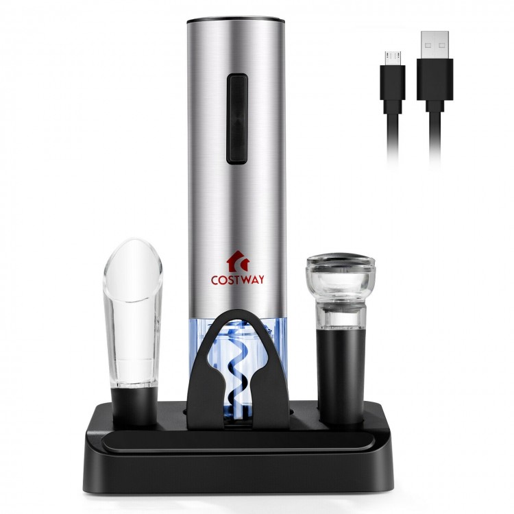 6-in-1 electric wine bottle opener set with foil cutter, pourer, stoppers, and storage base for easy wine serving and.