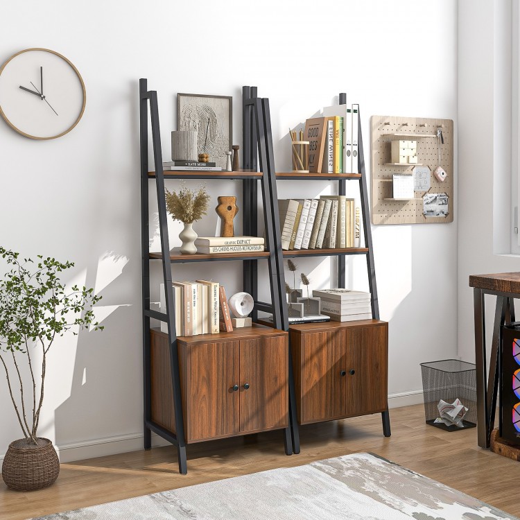 4-tier ladder shelf in rustic brown with metal frame, featuring cabinets for stylish storage in any room.