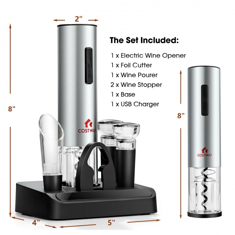 6-in-1 electric wine bottle opener set with stainless steel finish, includes foil cutter, pourer, stoppers, and base.
