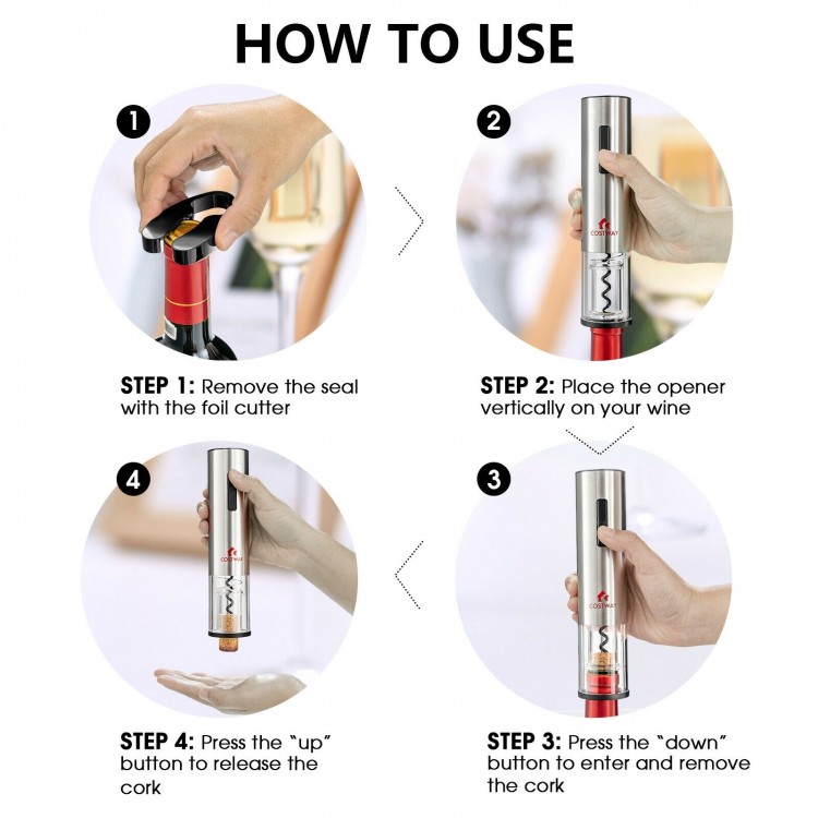 Electric wine bottle opener set with foil cutter, pourer, and stoppers for easy wine opening and preservation.