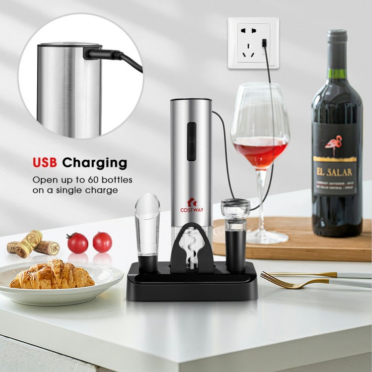 Electric wine bottle opener set with foil cutter, pourer, and stoppers, USB charging, perfect for wine lovers.