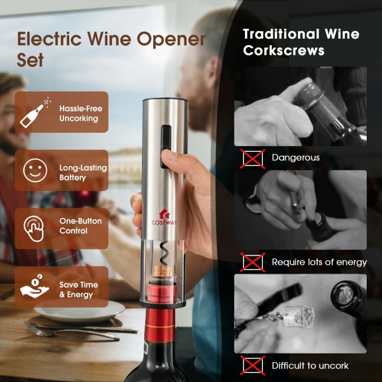 Electric wine opener set with foil cutter and accessories for easy uncorking, pouring, and preserving wines.