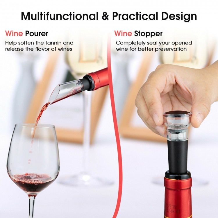Electric wine pourer and stopper from a 6-in-1 wine opener set, designed for smooth pouring and preservation.