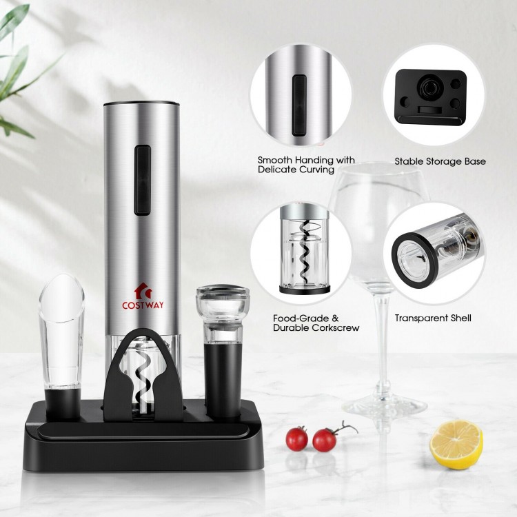 Electric wine bottle opener with sleek stainless steel design, includes foil cutter and storage base for convenient use.