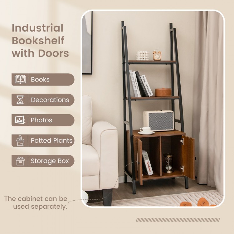 4-tier ladder shelf with cabinet in rustic brown, featuring a sturdy metal frame, ideal for living room or study.