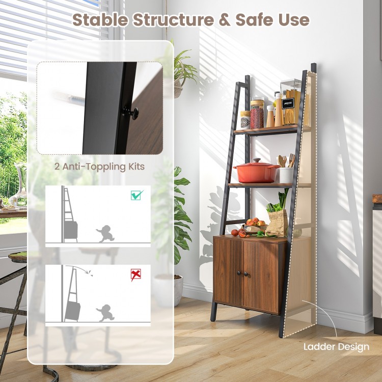 4-tier ladder shelf in rustic brown with cabinet, metal frame, and anti-toppling kits for stable storage and display.