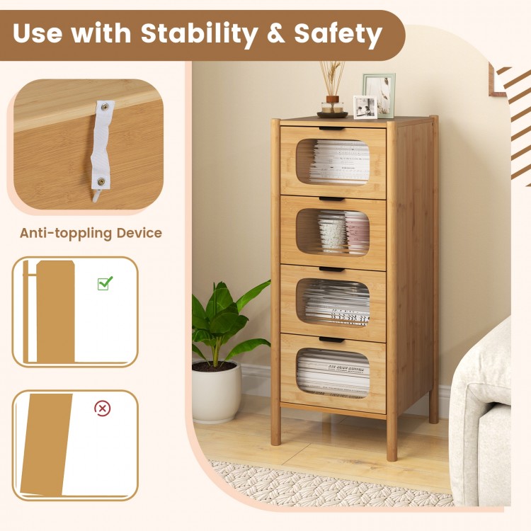 4-drawer bamboo storage cabinet with fluted tempered glass drawers, featuring anti-toppling device for safety and.