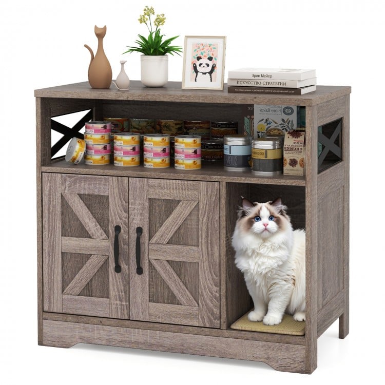 Cat litter box enclosure in grey with storage, featuring a hidden washroom and decorative X-shaped design.