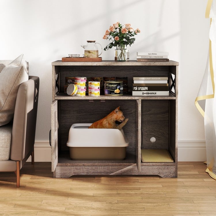 Cat litter box enclosure in gray, featuring storage shelves and a hidden washroom for a tidy pet-friendly space.