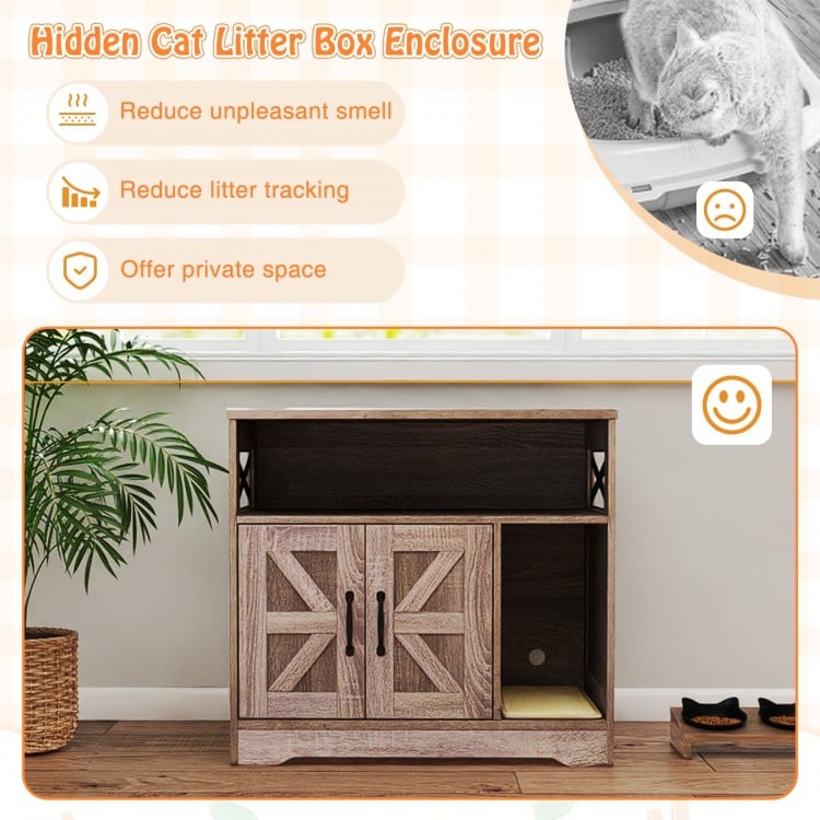 Hidden cat litter box enclosure in elegant gray, featuring storage space and a removable scratching mat for organized.