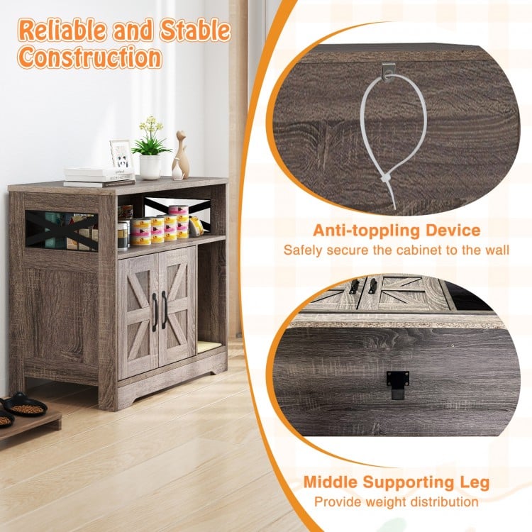 Cat litter box enclosure in elegant gray, featuring storage space, anti-toppling device, and middle supporting leg for.