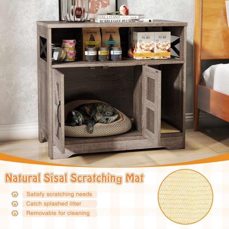 Cat litter box enclosure in grey with storage, featuring a removable sisal scratching mat for private cat resting.