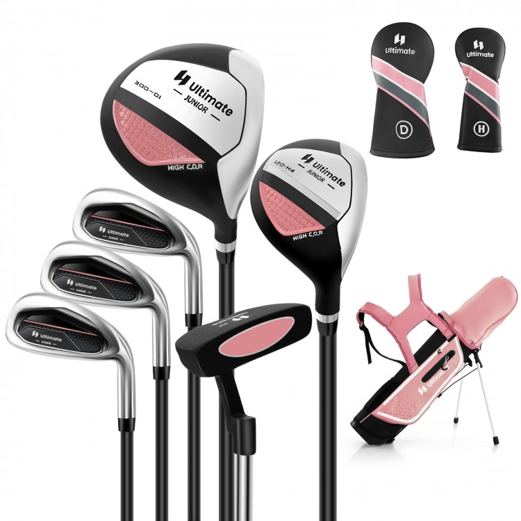 Junior complete golf club set in pink with stand bag, includes driver, hybrid, irons, and putter for kids aged 11-13.