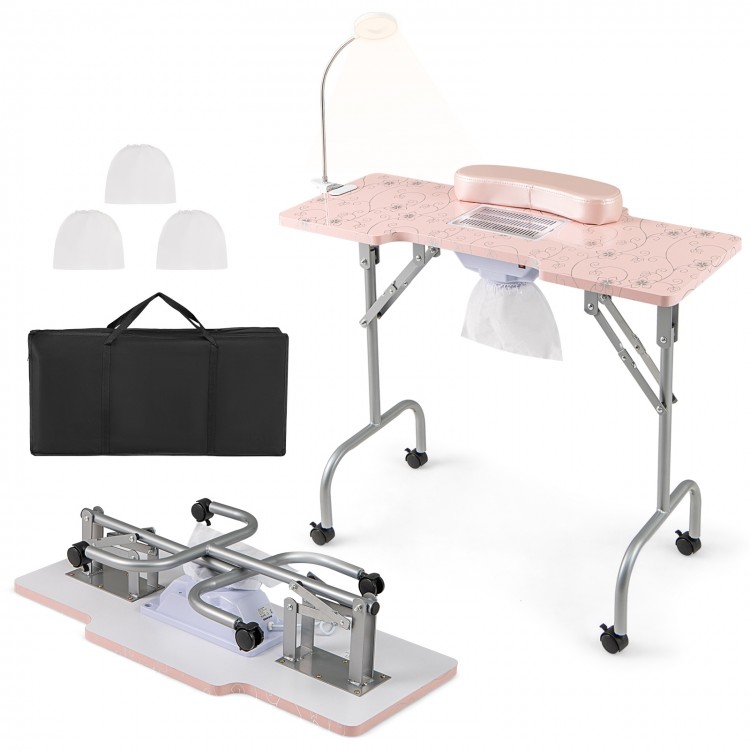 Folding manicure nail table in pink with removable wrist pad, LED lamp, and electric dust collector for easy dust.