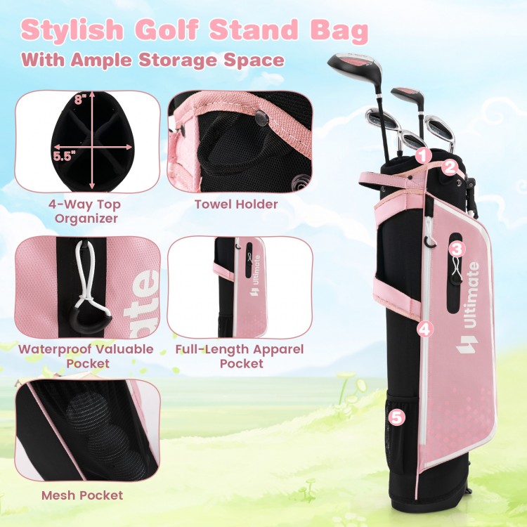 Junior golf stand bag in pink with 4-way top organizer, multiple pockets, and adjustable shoulder straps for easy.