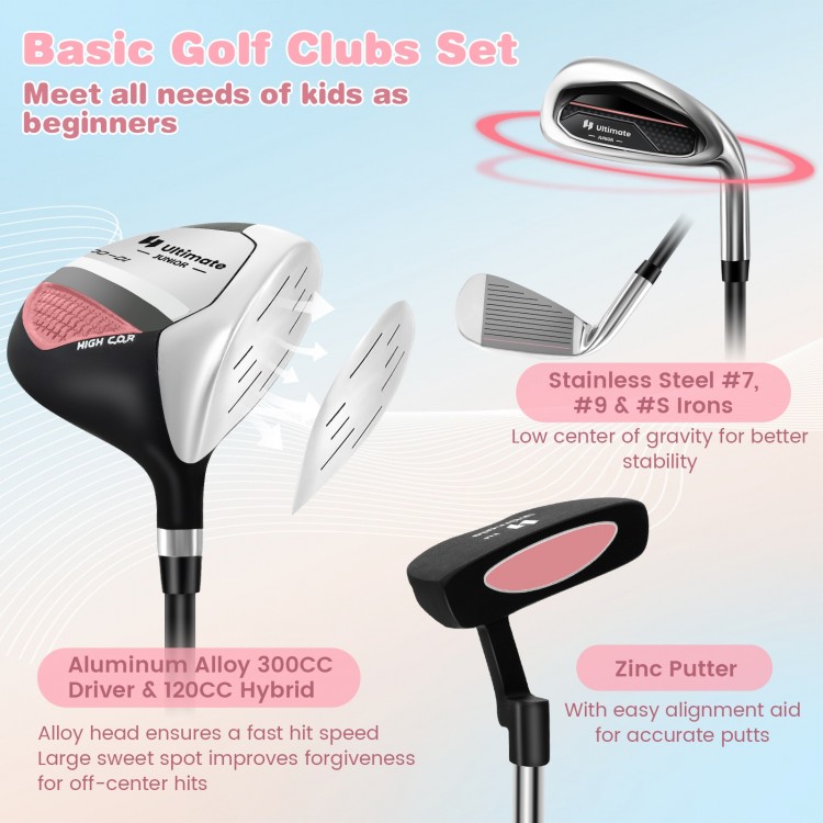 Junior golf club set with pink stand bag, includes driver, hybrid, irons, and putter for kids aged 11-13.