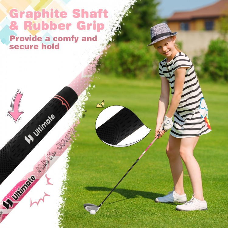 Junior golf club set featuring a pink stand bag, graphite shafts, and rubber grip for easy control on the course.