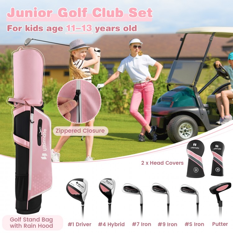 Junior golf club set in pink with stand bag, includes driver, hybrid, irons, and putter for kids aged 11-13.