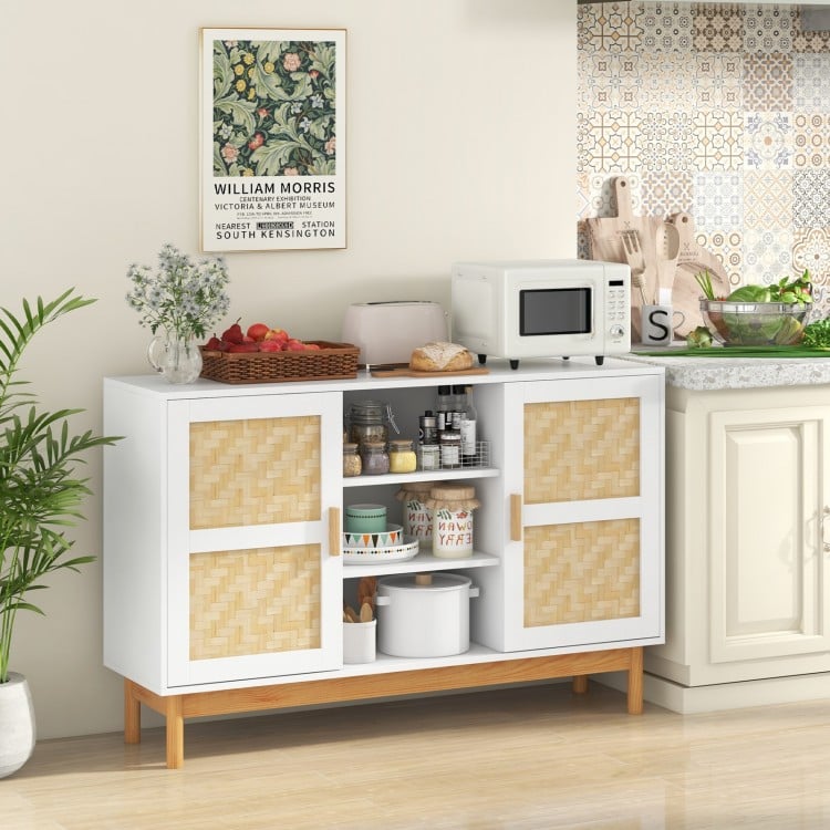 Sideboard buffet cabinet with bamboo woven doors, white finish, and solid wood legs, ideal for kitchen or dining room.