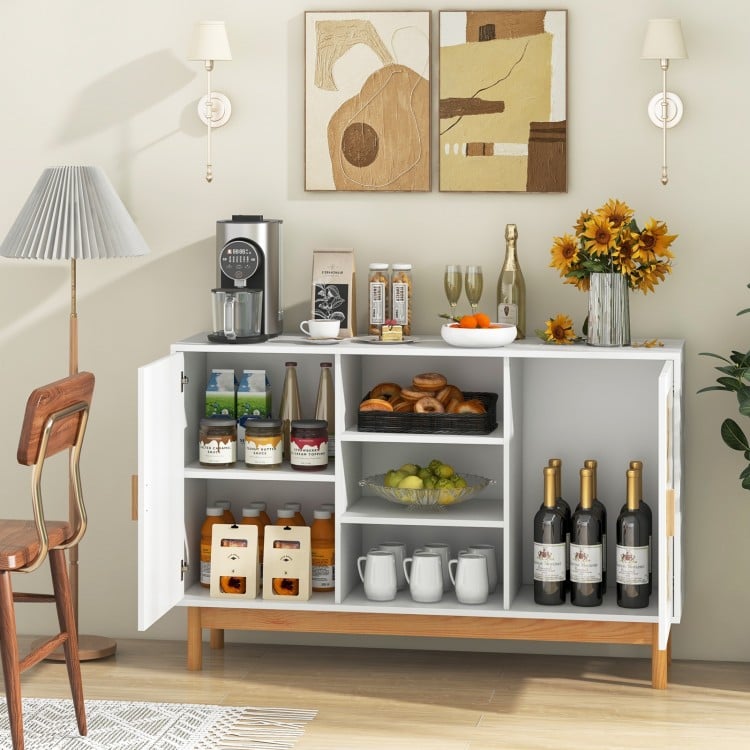 48-inch sideboard buffet cabinet with bamboo woven doors, featuring a wide tabletop for TVs and ample storage space.