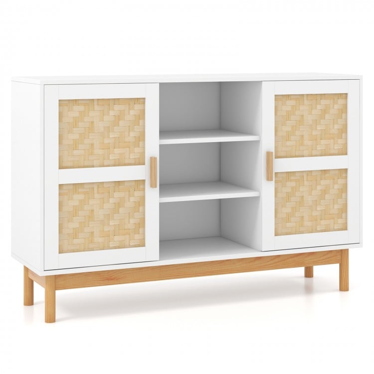 Sideboard buffet cabinet with bamboo woven doors, white finish, and solid wood legs for stylish storage in any room.