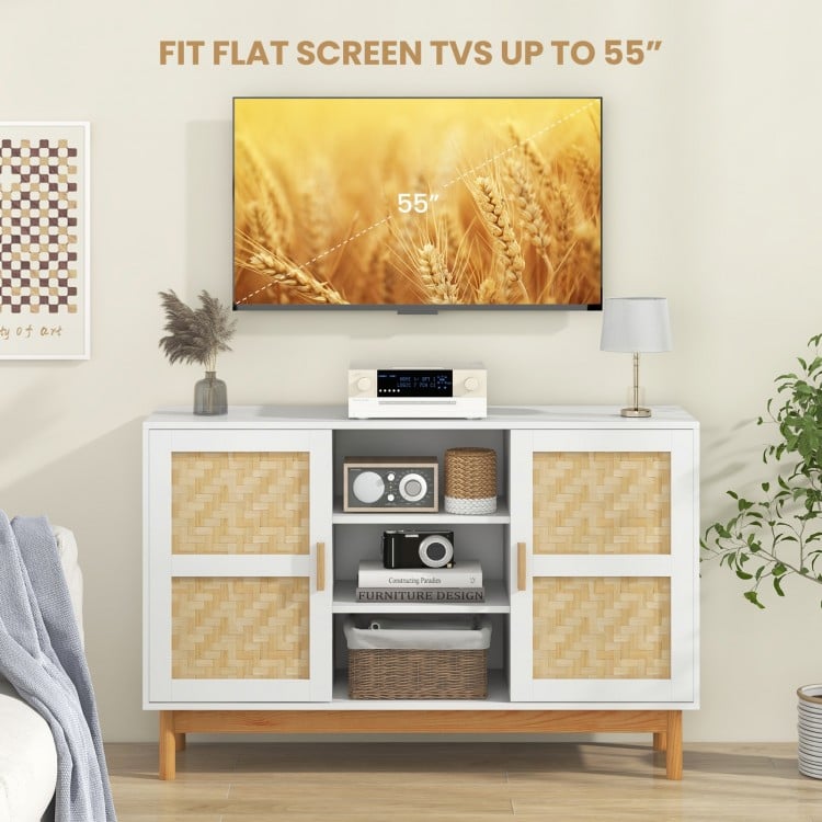 48-inch sideboard buffet cabinet with bamboo woven doors, supporting TVs up to 55", ideal for living room or dining.