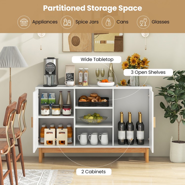 48-inch sideboard buffet cabinet with bamboo woven doors, featuring open shelves and solid wood legs for versatile.