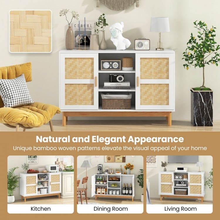 48-inch sideboard buffet cabinet with bamboo woven doors, perfect for kitchen or living room storage and decor.