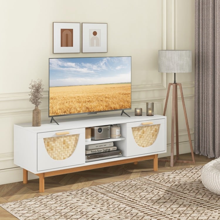 Mid Century Modern TV stand with bamboo woven fronts, featuring 2 drawers and space for up to 55-inch TVs, ideal for.