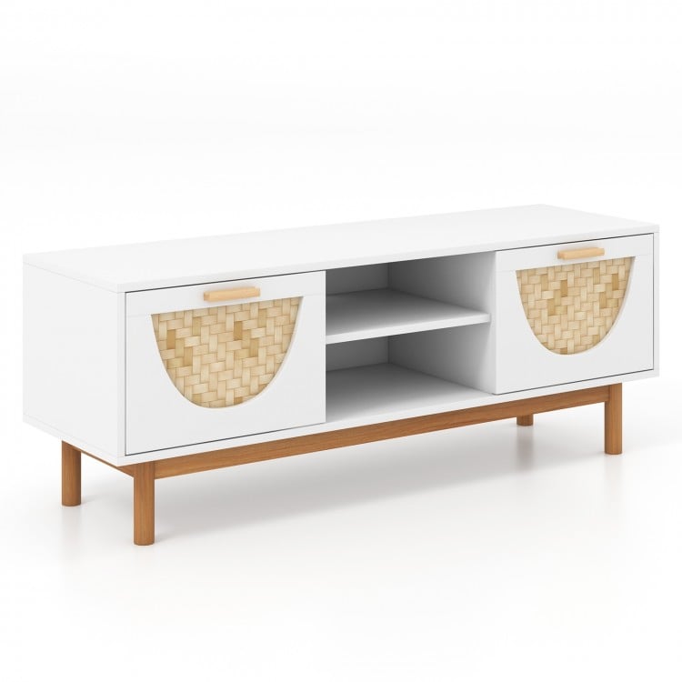 Mid Century Modern TV stand in white with bamboo woven fronts, featuring 2 drawers and open shelves for electronics.