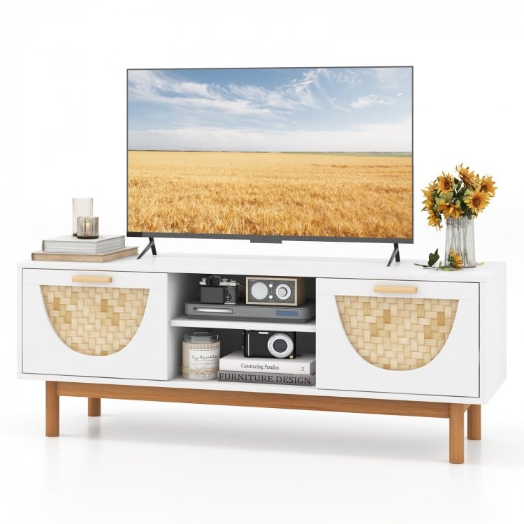 Mid Century Modern TV stand with bamboo woven fronts, featuring 2 drawers and space for up to 55-inch TVs.