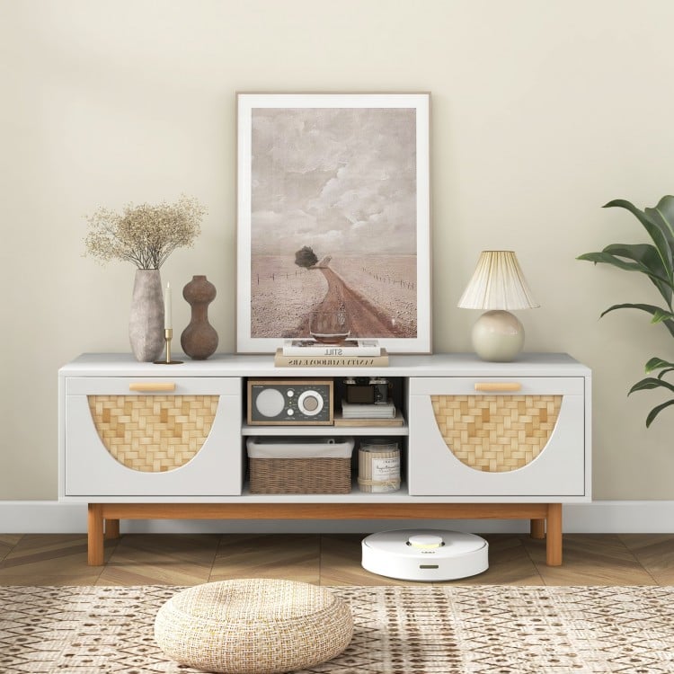Mid Century Modern TV stand with bamboo woven fronts, featuring 2 drawers and open shelves for electronics, perfect for.