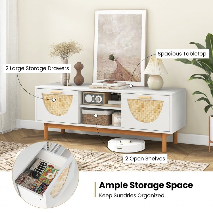 Mid Century Modern TV stand with bamboo woven fronts, featuring 2 drawers and 2 open shelves for organized storage.