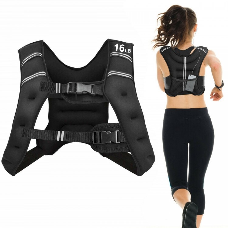 Workout weighted vest with adjustable buckles and reflective strips, designed for comfort and enhanced exercise.
