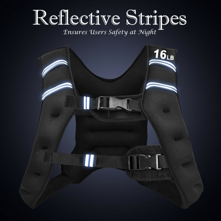 Adjustable black workout weighted vest with reflective strips and breathable material for enhanced safety during night.