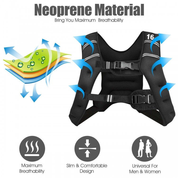 Workout weighted vest featuring adjustable buckles, breathable neoprene material, and reflective strips for safety.