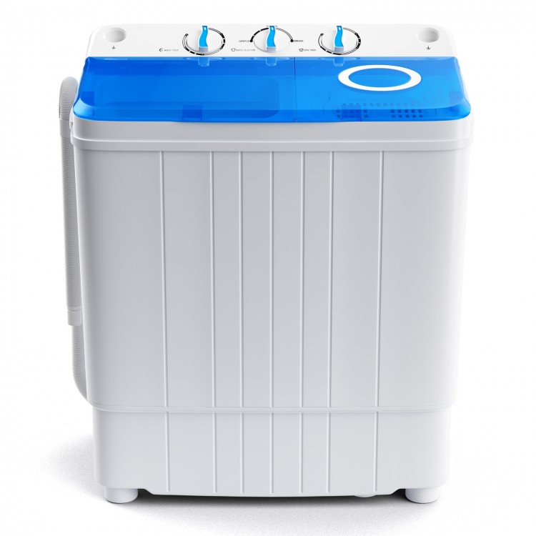 Portable washing machine in blue with dual tubs, timer knobs, and built-in drain pump for efficient laundry use.