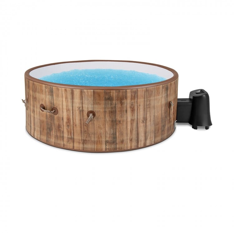 Inflatable hot tub with wood-like design, 120 air jets, and electric heater pump for 4-6 people, ideal for relaxation.
