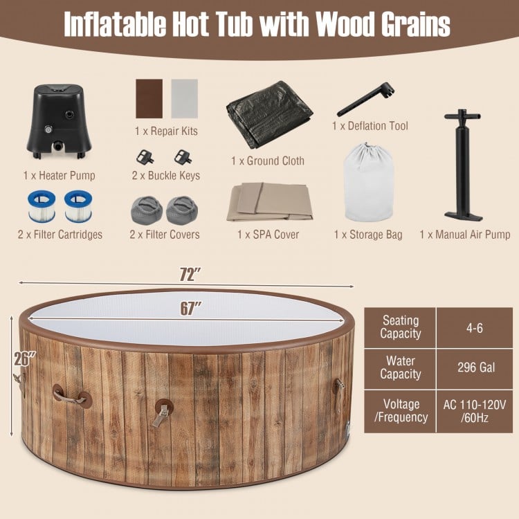 Inflatable hot tub with wood grain finish, 72 inches, for 4-6 people, featuring 120 air jets and electric heater pump.