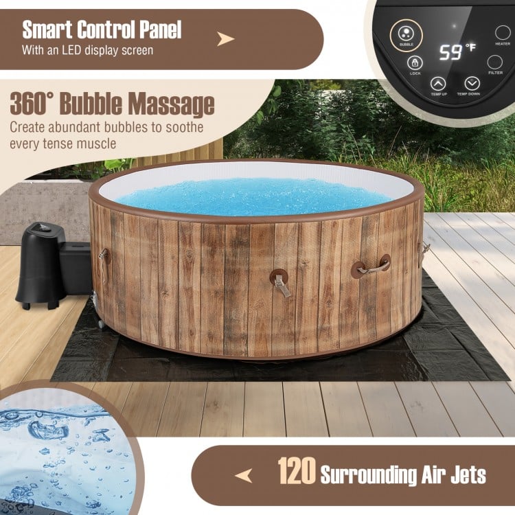 Inflatable 72-inch hot tub with 120 air jets, smart control panel, and coffee color for relaxing spa experiences.
