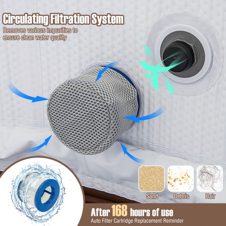 Circulating filtration system detail for 72-inch inflatable hot tub, ensuring clean water quality for relaxation.
