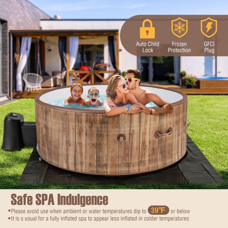 Inflatable hot tub with wood-like design, 120 air jets, for 4-6 people, ideal for outdoor relaxation.