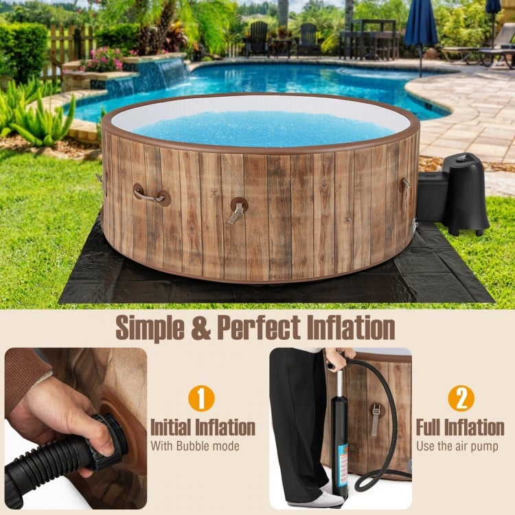 Inflatable 72-inch hot tub with wood design, featuring 120 air jets and electric heater pump for 4-6 people.