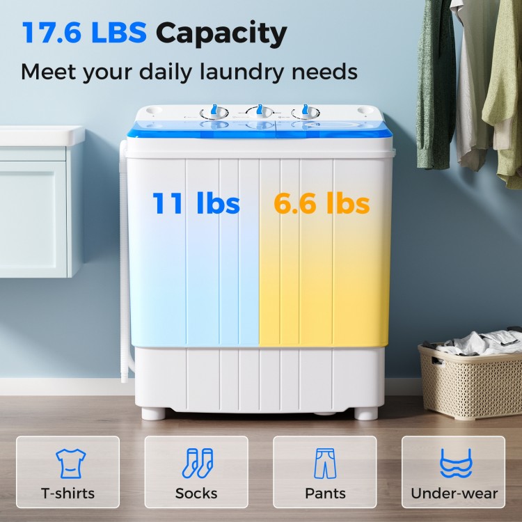 Portable washing machine with 17.6 lbs capacity, featuring dual tubs and built-in drain pump for efficient laundry.