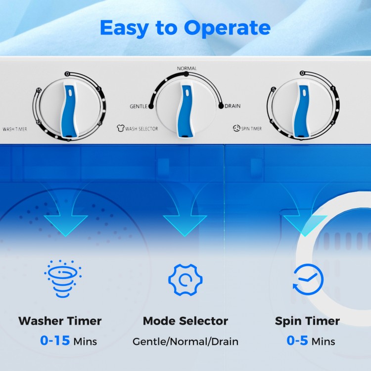 Control knobs for the 17.6 lbs portable washing machine, featuring washer timer, mode selector, and spin timer for easy.